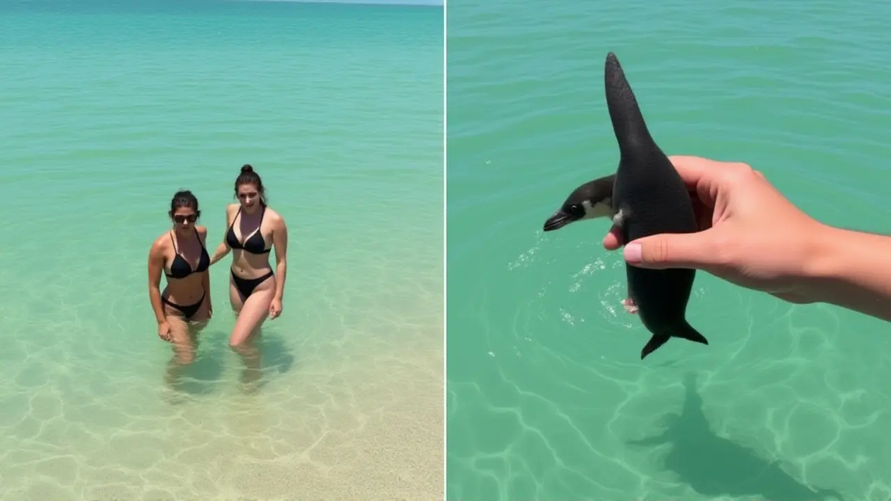 /mulher-e-filmada-segurando-pinguim-no-mar-em-arraial-do-cabo