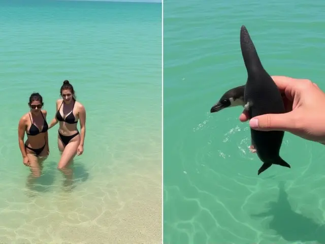 Mulher é filmada segurando pinguim no mar em Arraial do Cabo